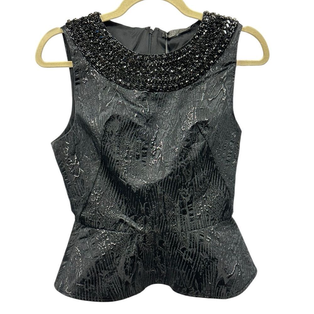 Amen Couture Black Beaded Jacquard Peplum Cocktail Top | Size 4